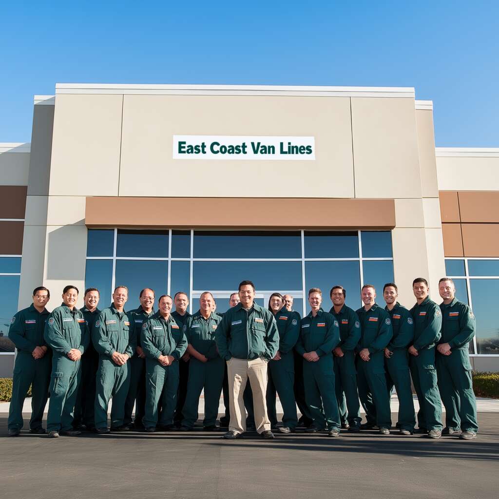 A big team of professional movers East Coast Van Lines is standing in front of an entrance to a nice building taking a group photo