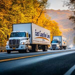 wo moving trucks East Coast Van Lines driving down the highway from New York to Connecticut early morning